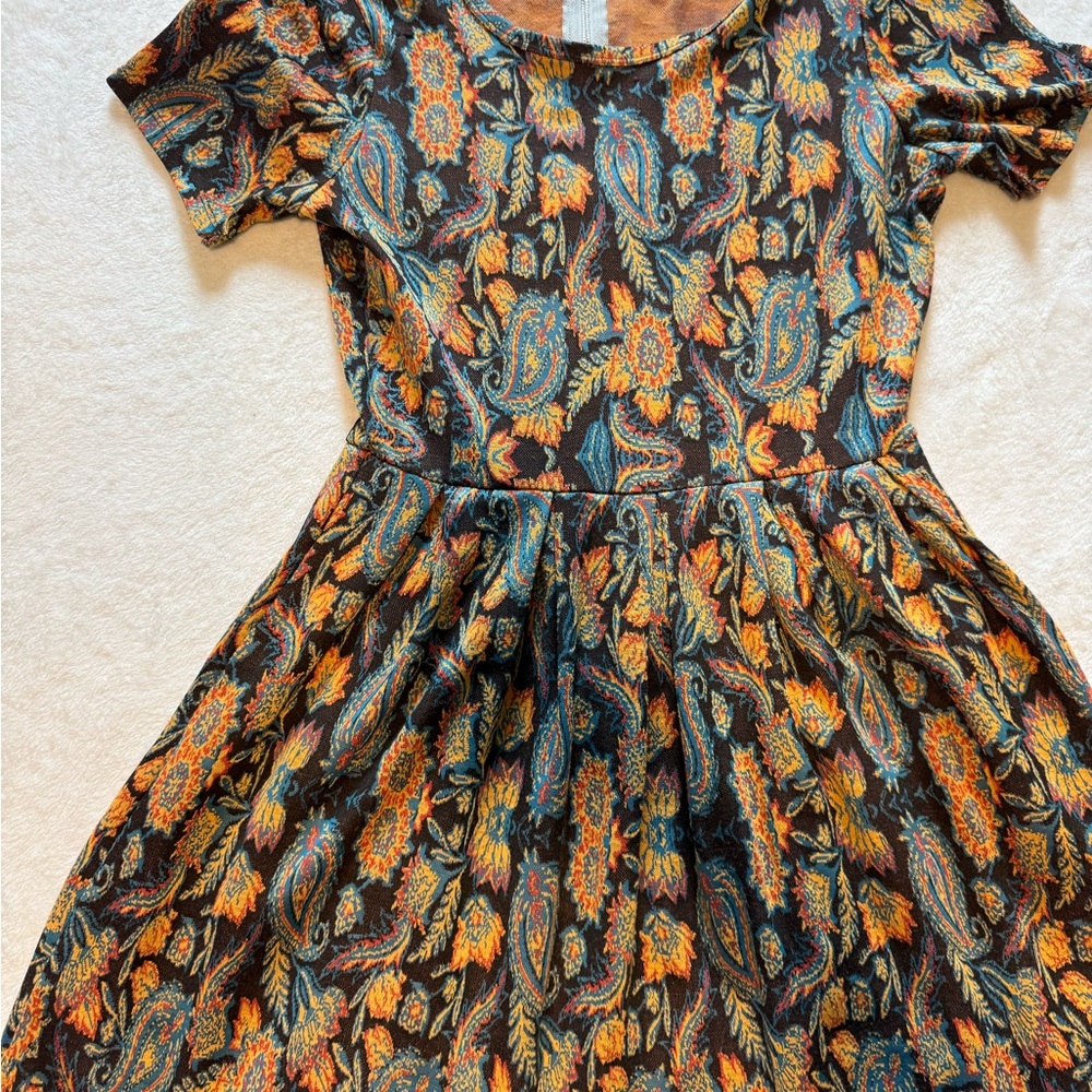 LuLaRoe Paisley Floral Short Sleeve Dress in Black, Orange, Teal